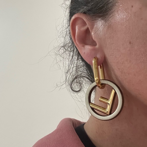 Fendi Gold, wood and Cream Logo Earrings - Picture 4 of 7
